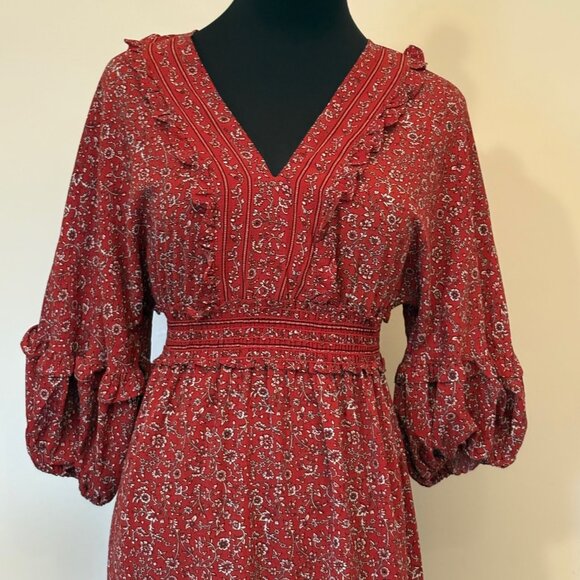 Max Studio Boho Empire Waist Floral Prairie Dress Dark Red White Size Small - Picture 4 of 14